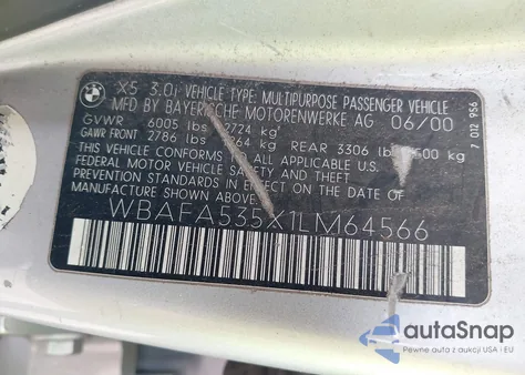 2001 BMW X5 3.0 z USA, uszkodzony, nr VIN WBAFA535X1LM64566